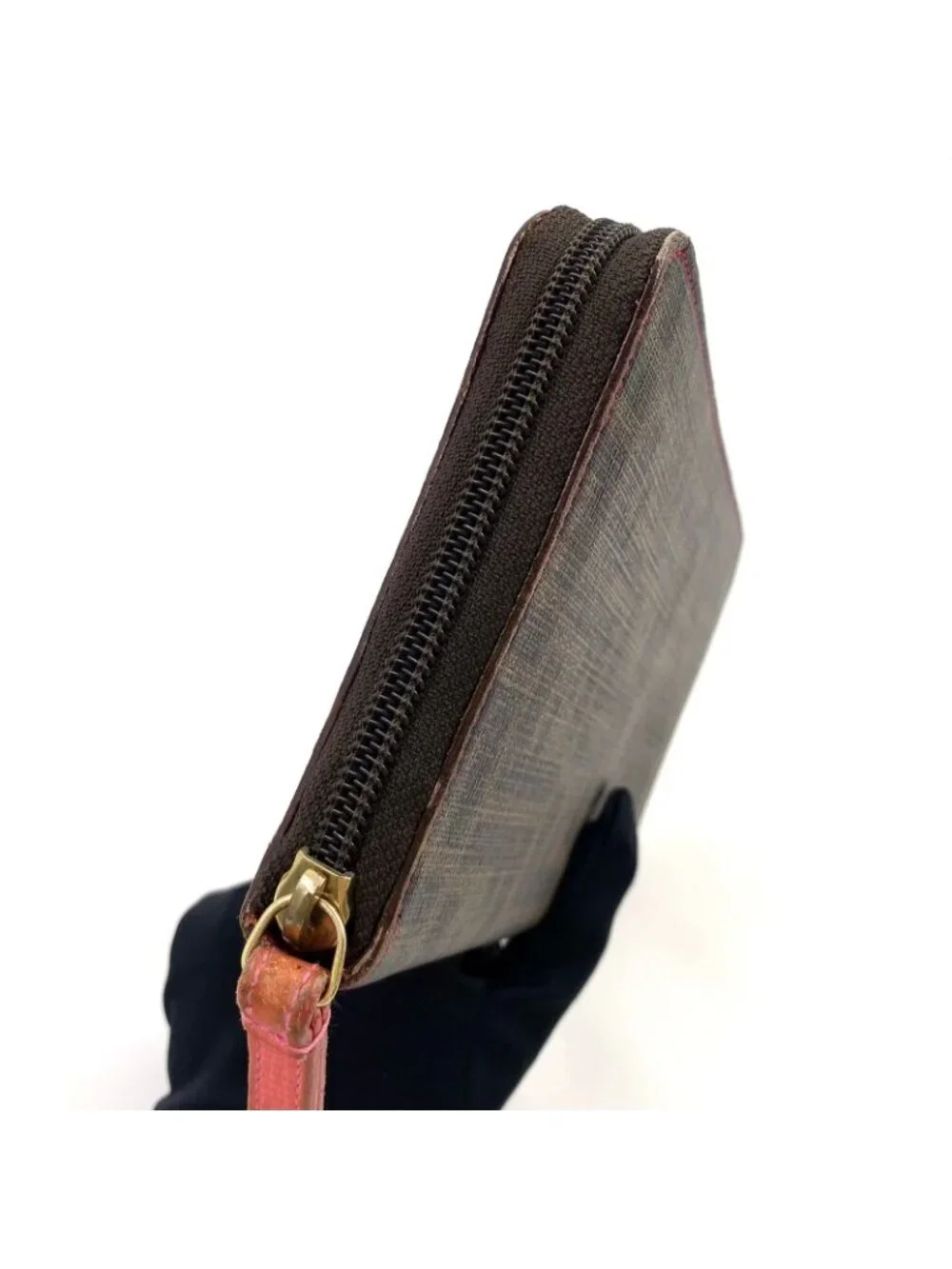 Fendi Zucca Pattern Zip Around Leather Pink Brown Wallet Gold